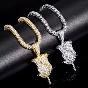 $30 FOR ROPE CHAIN/$40 FOR CUBIC ZICORN CHAIN Gold&Silver Rose Pendant Necklace